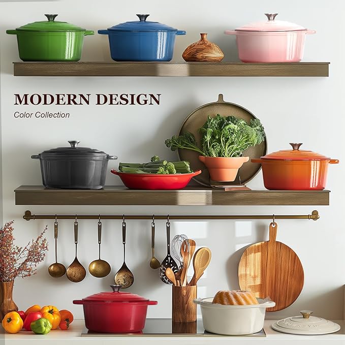 Overmont Enameled Cast Iron Dutch Oven - 5.5QT Pot with Lid Cookbook & Cotton Potholders - Heavy-Duty Cookware for Braising, Stews, Roasting, Bread Baking pink