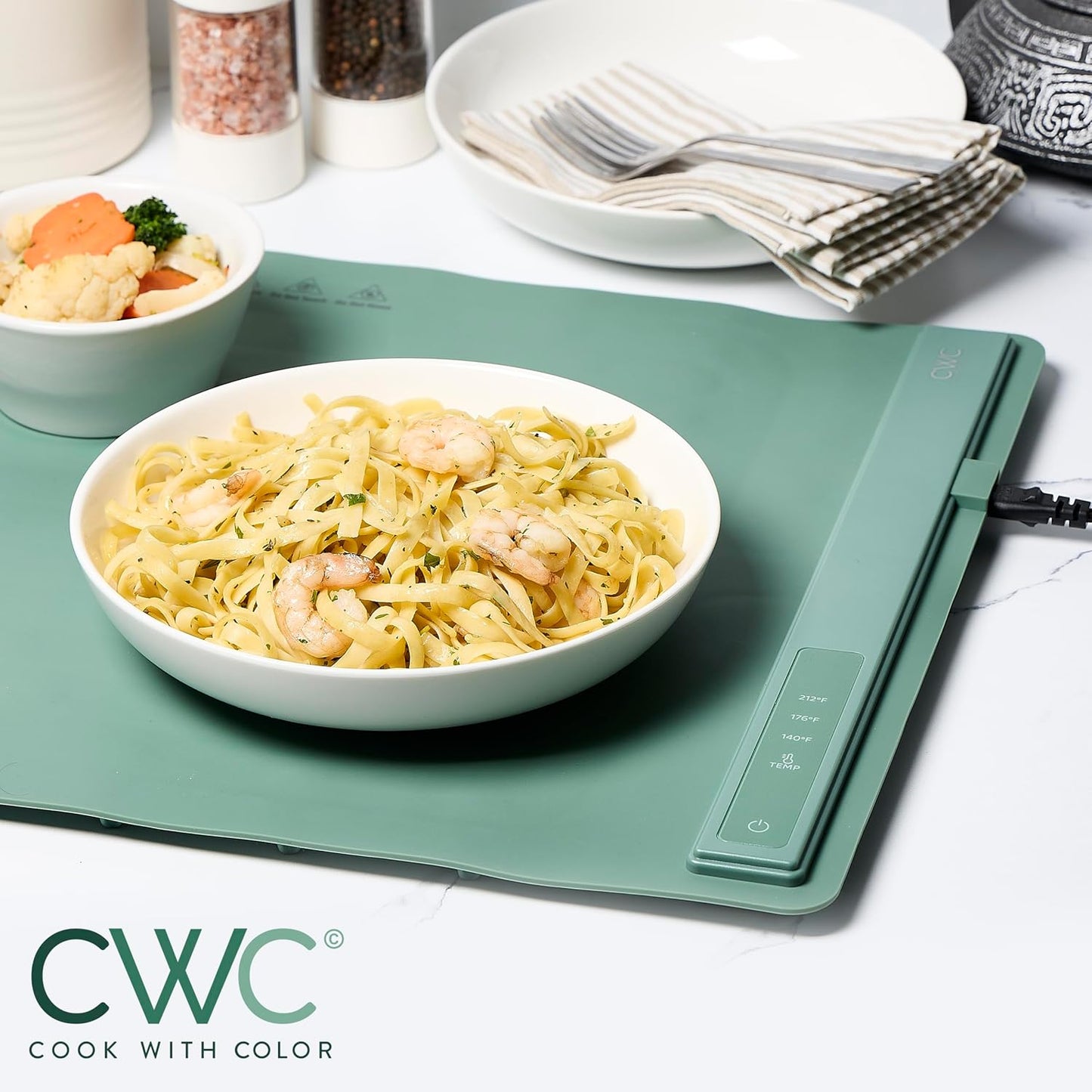 COOK WITH COLOR 350W Electric Food Warming Mat - Portable Food Warmer Tray with Adjustable Temperature, Fast 60-Second Heating, Auto Shut-Off, Rollable Silicone Pad for Parties & Everyday Use, Green