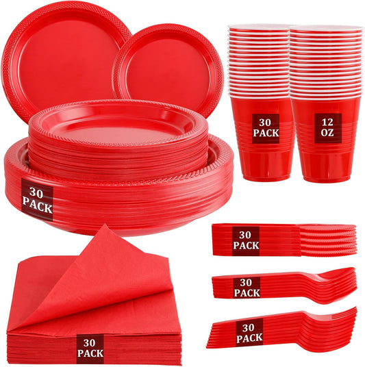 WELLIFE 210Pcs Red Plastic Plates, Disposable Dinnerware Set, Party Supplies Including Red plates, 12oz Cups, plastic Cutlery and Napkins Serve 30 Guests, Plastic Plates for Party