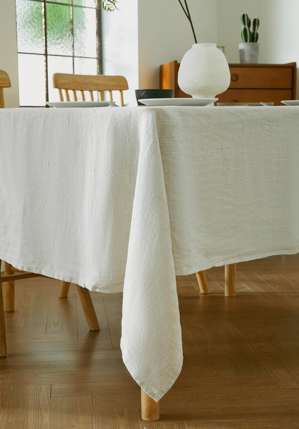 100% French Flax Linen Tablecloths Rectangle 84Lx60W Inch for Dinners, Parties, Easter, Halloween, Camping, Stone Washed, Textured, Machine Washable, 6-8 Sets (60''x84'', Natural Linen)