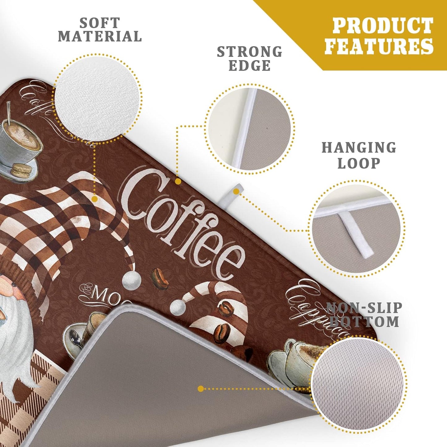 Coffee Gnomes Dish Drying Mat 18x24 Inch, Coffee Maker Mats for Tabletop, Buffalo Plaid Brown Mocha Absorbent Washable Spillproof Espresso Machine Pad Cafe Bar Kitchen Counter Protector