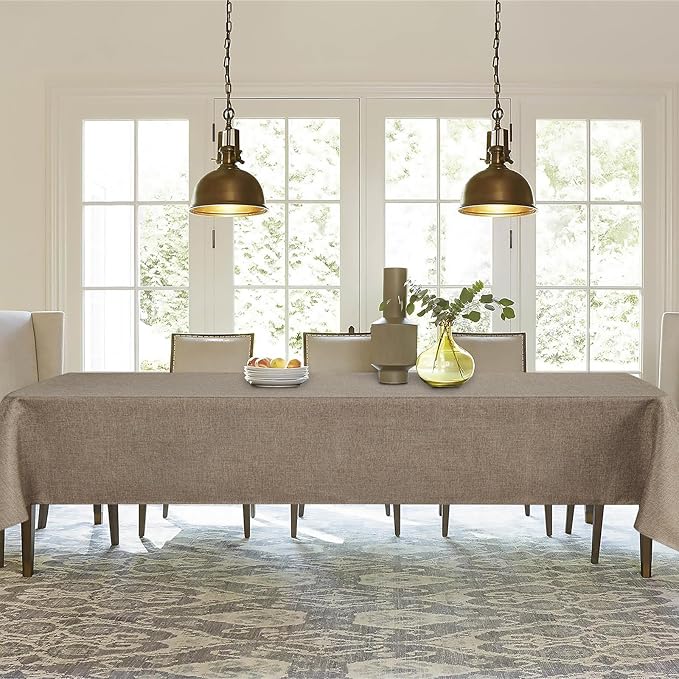 JIUZHEN 2 Pack Faux Linen Farmhouse Tablecloth Rectangular, Wrinkle Stain Resistant Table Cloth Rectangle Table Cover for Kitchen Dining, Khaki, 52 x 70 Inch