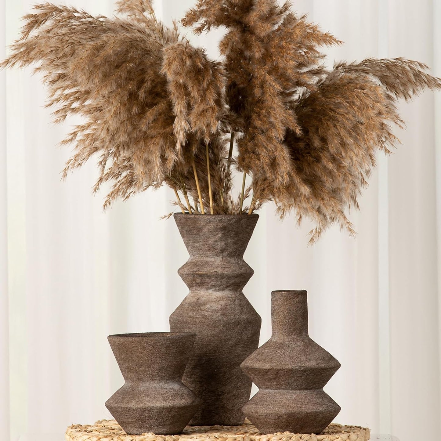 Ceramic Vase Home Table Decor - Brown Flower Vase Set of 3 Living Room Kitchen Decorations Farmhouse Modern Rustic Vases Decorative Centerpiece for Shelf Bedroom Office Bathroom Dining Coffee Desk