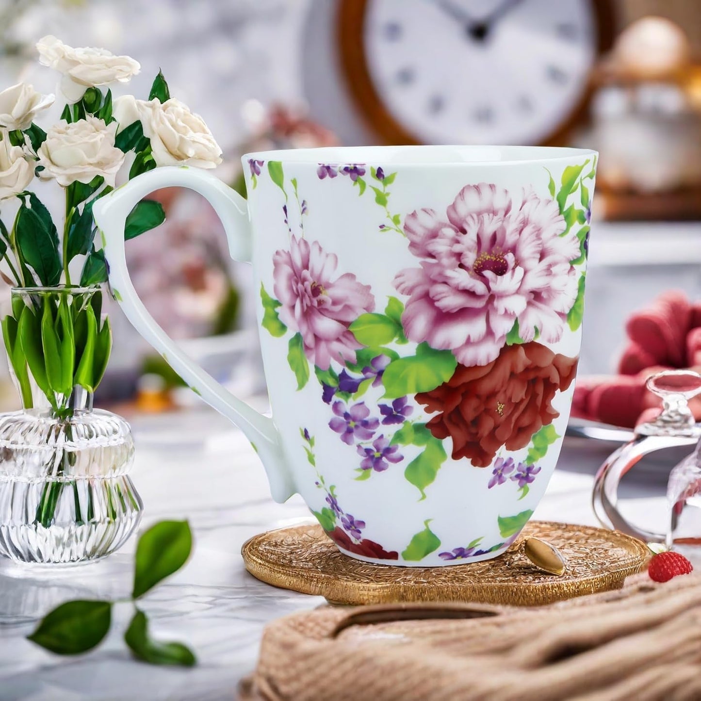 14oz Cute Coffee Mugs for Women Cute Mugs Bone China Floral Coffee Mug Teacups for Mom Women Birthday Gifts Christmas Gifts (white background floral)