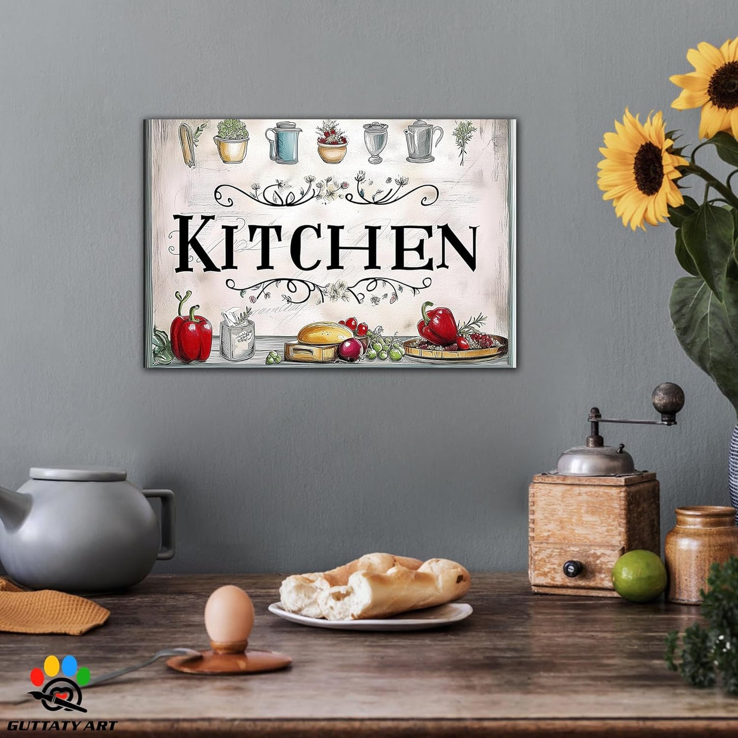 GUTTATY Kitchen Pictures Wall Decor, Farmhouse Wall Art Decor Colorful Vegetables and Flowers Painting for Dinning Room Restaurant Decor, Mother's Day Gift for Grandma Mom Hanging Artwork 18×24 Inch