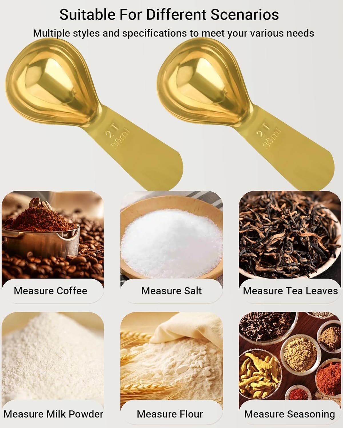 Coffee Scoop 30ml 2PCS, 2 Tablespoon Measuring Spoons, Ergonomics Design Coffee Scooper Stainless Steel Manufacture，Coffee Scoop for Ground Coffee Protein Powder Sugar Cereal (Gold, 2 tbsp-30ml)