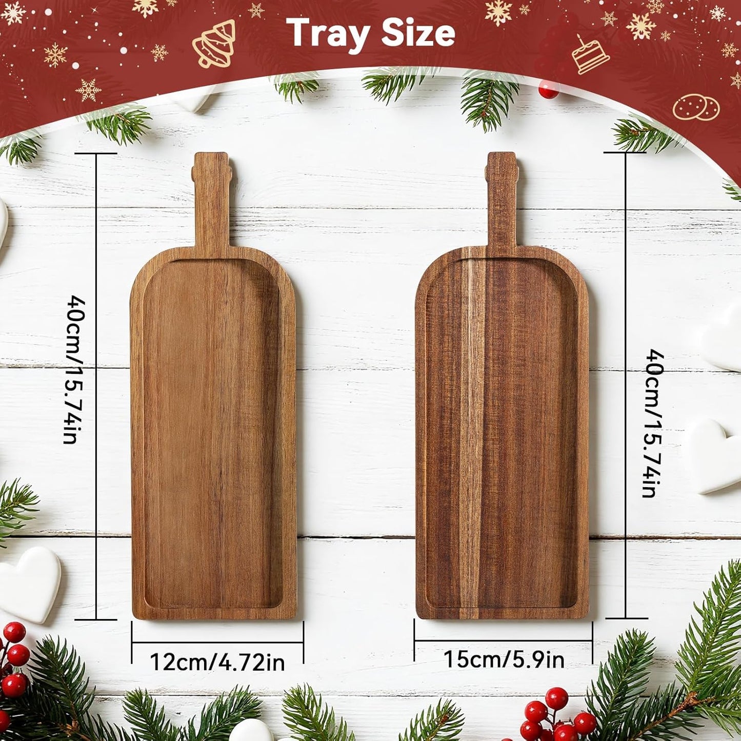 2 Pcs Christmas Charcuterie Boards, Wine Shaped Wooden Cutting Board with Handle, Acacia Wood Christmas Serving Tray for Cheese Fruit Bread Salad Vegetables Snack Dessert