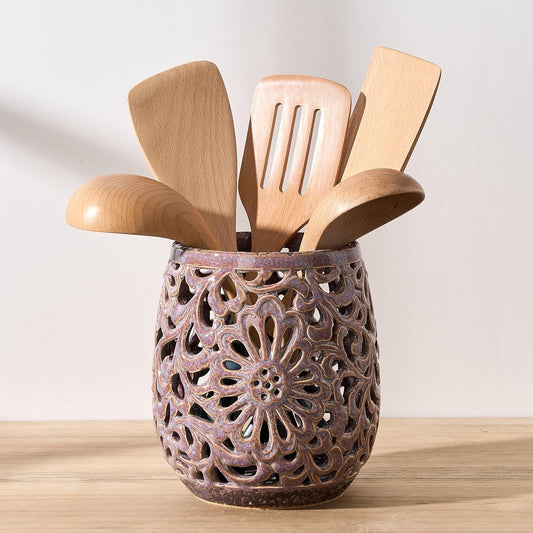 Farmhouse Kitchen Utensil Holder for Kitchen Counter, Ceramic Large Cooking Utensil Crock with Cork Mat, Countertop Cooking Tool Spatula Organizer, Purple Antique Design