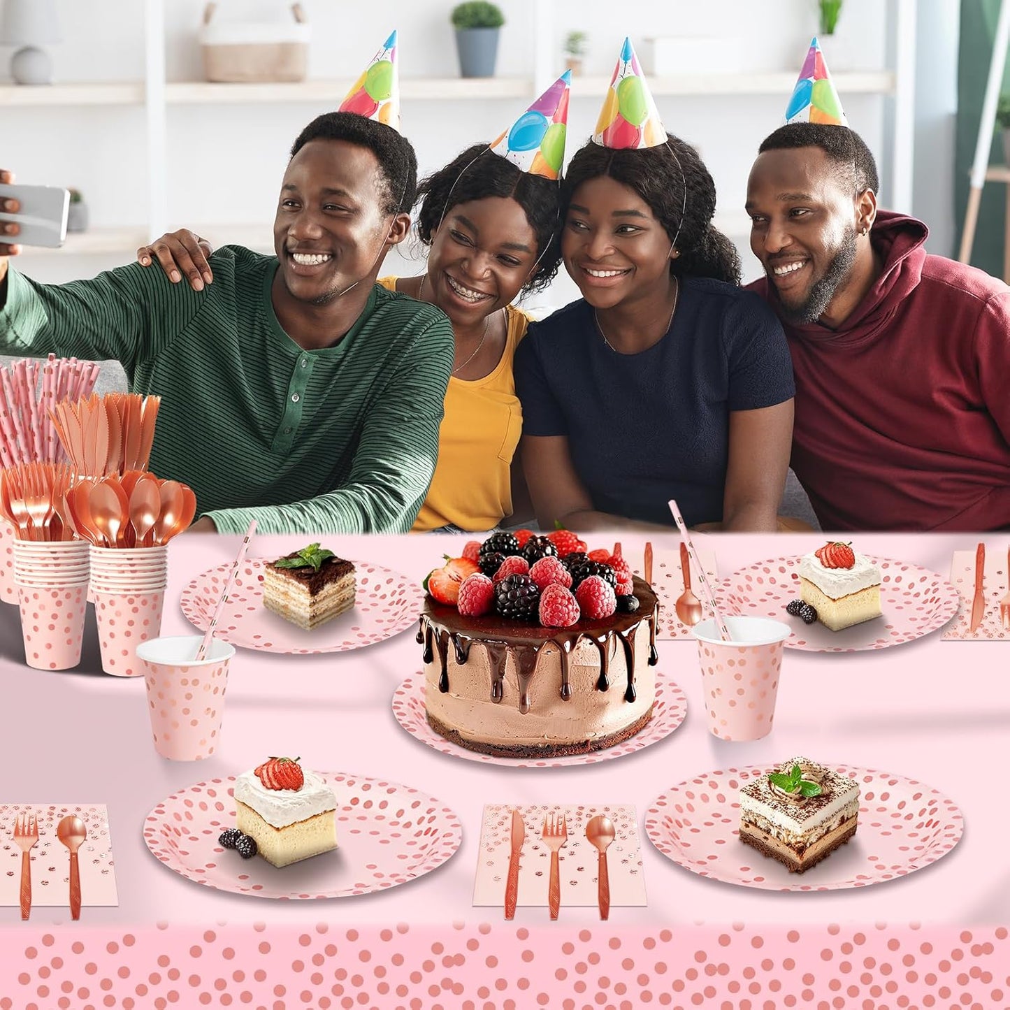 Paper Plates and Napkins Set, 193 Pieces Pink and Rose Gold Party Supplies Includes Paper Plates Cups Napkins Straws and Cutlery for Birthday Wedding Holidays Parties Decorations-24 Guests