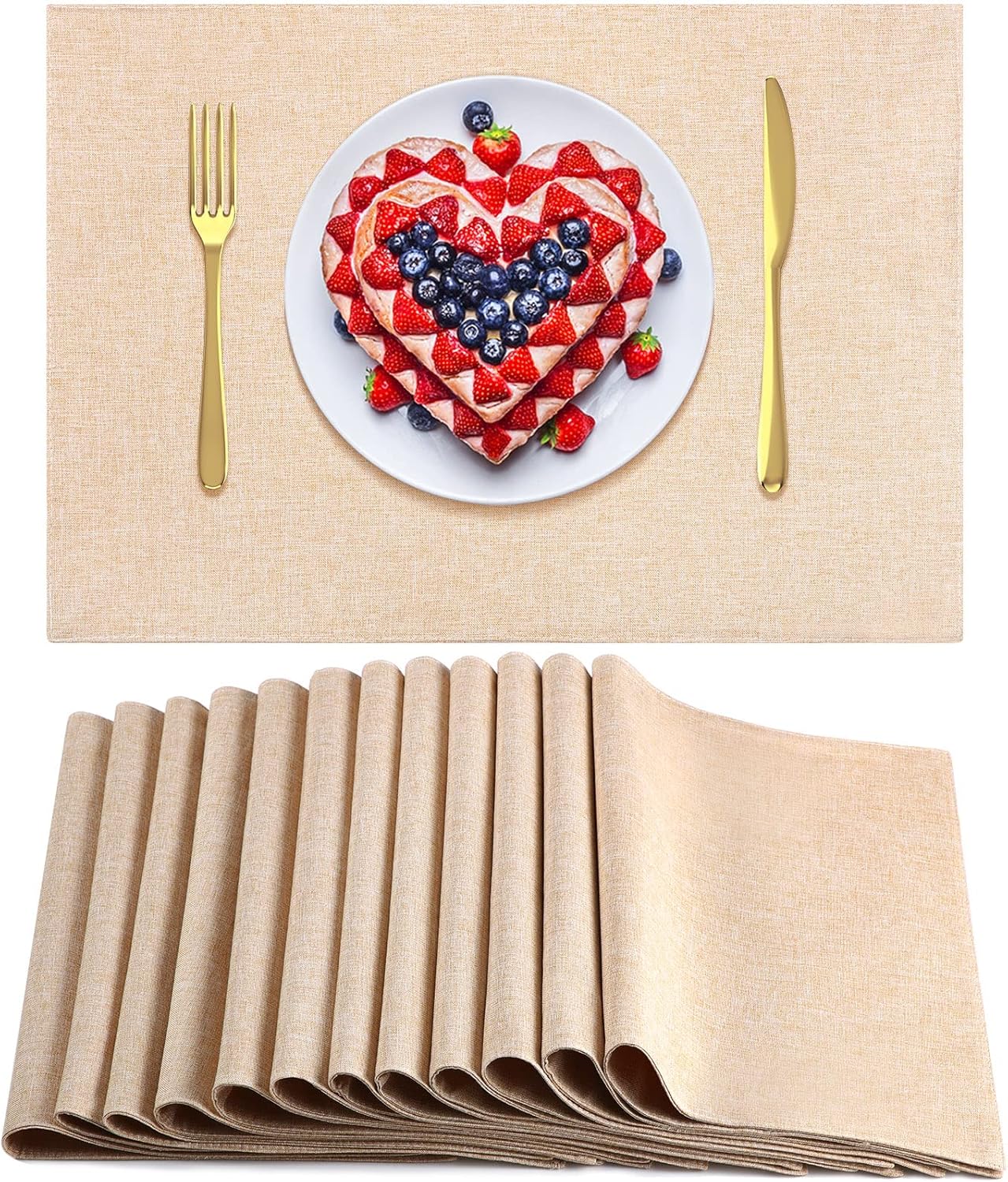 Sieral Cloth Placemats Set of 12 Rectangle Dining Table Placemats Bulk 13 x 19 Inch Machine Washable Heat Resistant Cotton Linen Table Mats for Wedding Baby Shower Birthday Party Supplies(Beige)