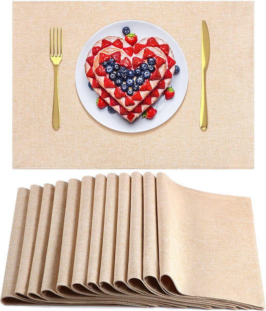 Sieral Cloth Placemats Set of 12 Rectangle Dining Table Placemats Bulk 13 x 19 Inch Machine Washable Heat Resistant Cotton Linen Table Mats for Wedding Baby Shower Birthday Party Supplies(Beige)