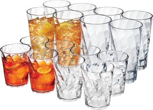 US Acrylic Optix Plastic Reusable Drinking Glasses (Set of 16) 14oz Rocks & 20oz Water Cups in Clear | BPA-Free Tumblers, Made in USA | Top-Rack Dishwasher Safe