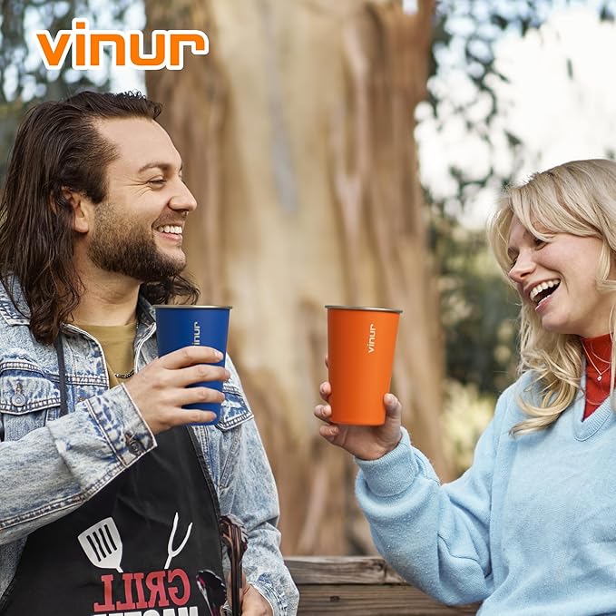 VINUR 16 oz Stainless Steel Cups 4 Pack Pint Tumbler Stackable Metal Drinking Glasses for Travel, Camping, Outdoors (Royal Blue-Canyon Red-Black-Purple Pink)