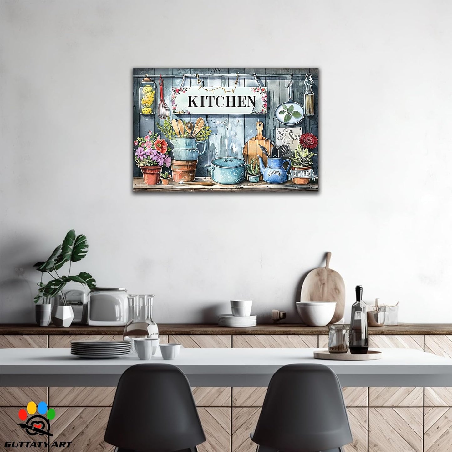 GUTTATY Kitchen Pictures Wall Decor, Farmhouse Wall Art Colorful Flowers and Various Spoons Painting for Dinning Room Restaurant Decor, Mother's Day Gift for Grandma Mom Hanging Artwork 24×36 Inch