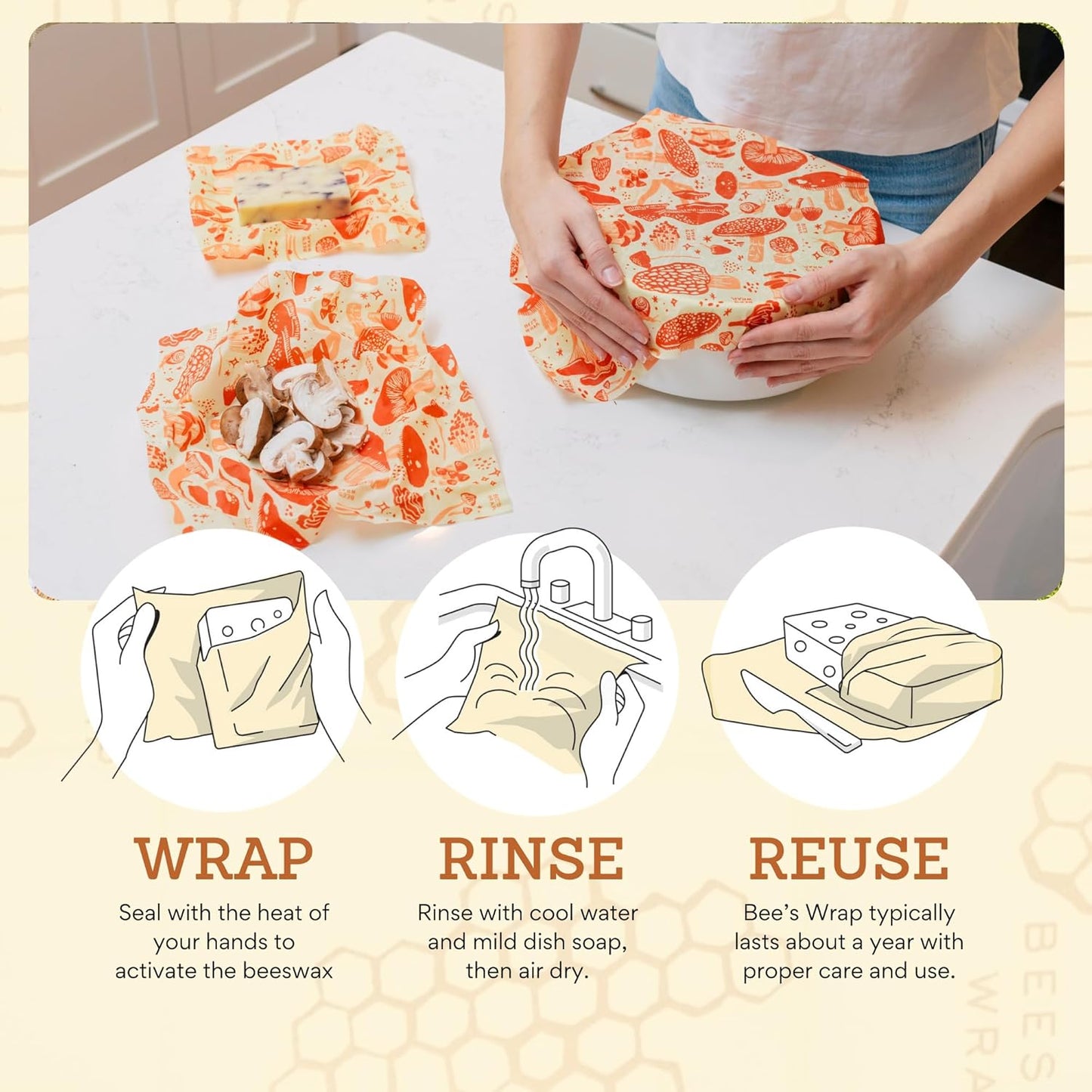 Bee's Wrap Beeswax Wraps for Food - Made in USA Reusable & Organic Food Wraps, Sandwich Wrap & Bowl Covers - Eco-Friendly Alternative to Aluminum Foil & Plastic Wrap, Mushroom Magic 3 Pack (S, M, L)