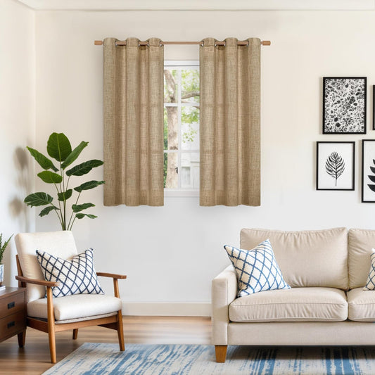YoungsTex Burlap Linen Curtains 48 Inch Length for Short Window, Toffee Semi Sheer Drapes with Bronze Grommet Light Filtering for Kitchen Cafe Bathroom Bedroom, 2 Panels, 42 X 48 Inch