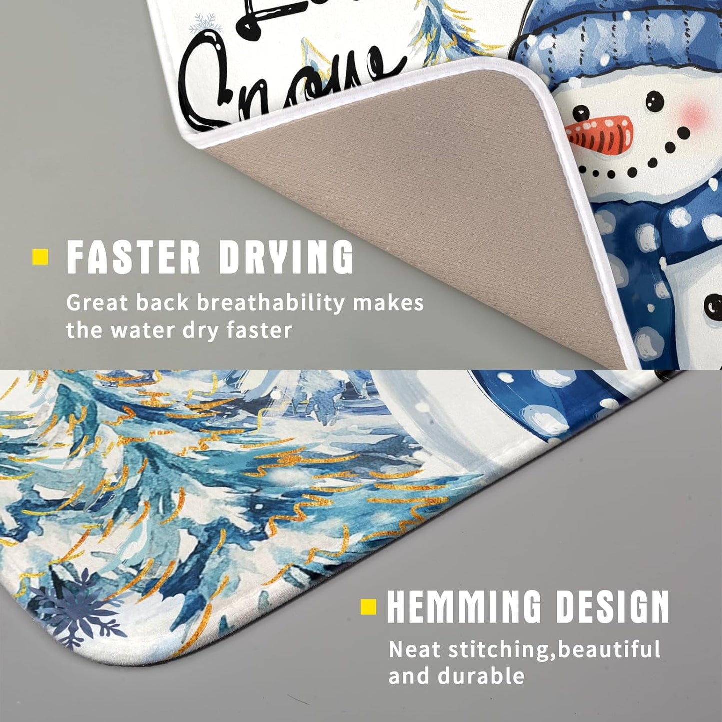 Hello Winter Dish Drying Mats 16x18 Inch, Xmas Holiday Snowman Pine Trees Snowy Seasonal Washable Microfiber Drainer Rack Absorbent Pad Kitchen Counter Coffee Bar Protector