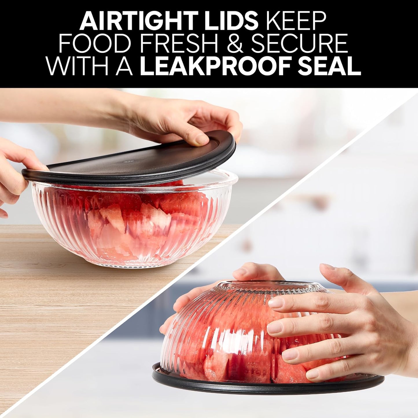 COOK WITH COLOR 12 Pc Glass Mixing Bowl Set with Lids – Borosilicate Glass Nesting Bowls for Cooking, Baking and Meal Prep, Fluted Black