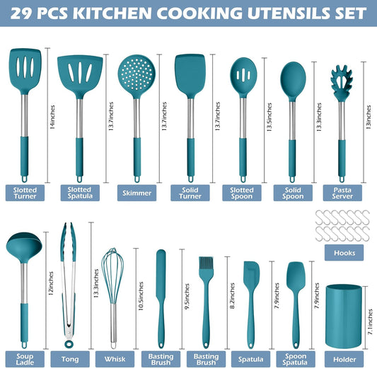 HaWare 29 PCS Silicone Cooking Utensils Set, Heat Resistant Kitchen Utensils Set with Stainless Steel Handle, Spatula Sets with Holder and Hooks, Kitchen Tools Gadgets for Nonstick Cookware -Blue
