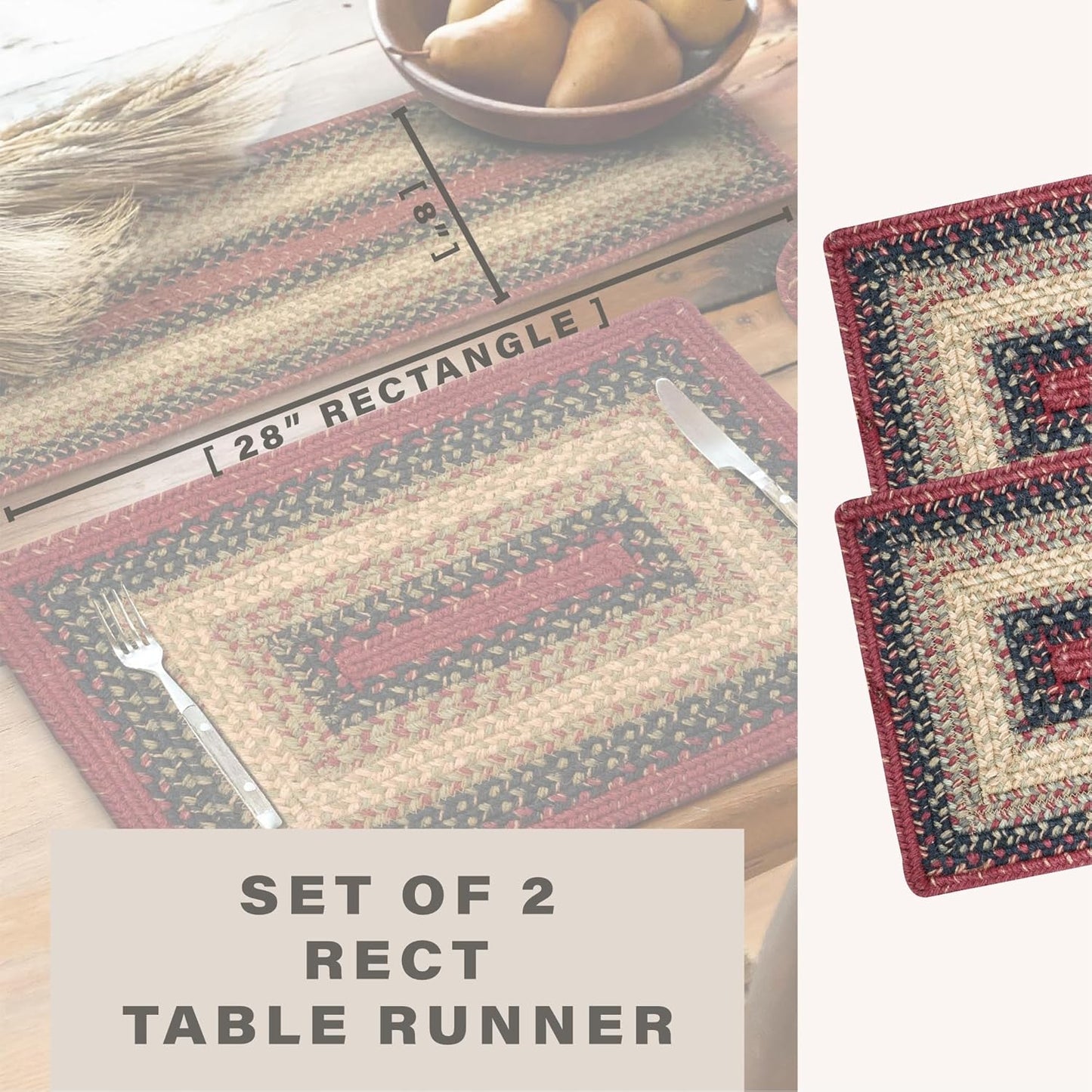Homespice Highland Jute Braided Dinner Table Runner, Rustic Lodge Decor, Set of 2, Multicolor Rectangle 8x28 - Also Ideal as a Stair Tread - Rich Colors, Easy to Clean, Durable and Protects Furniture