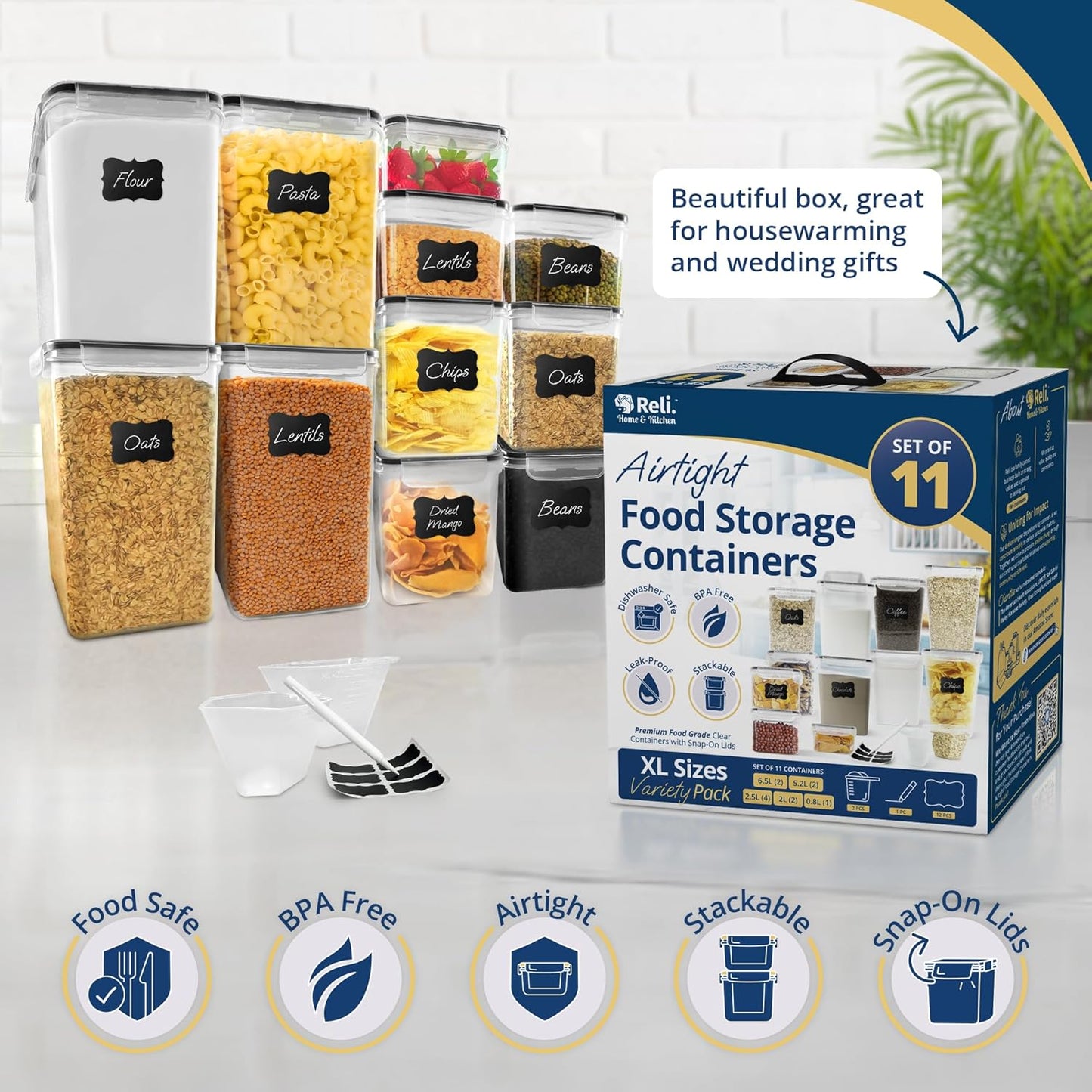 Reli. Airtight Food Storage Containers with Lids (11 Sets) | Kitchen Organizers and Storage Pantry Organizers | BPA Free Plastic Food Container XL Size Variety Pack w/ 2 Measuring Cups, 12 Labels, Pen