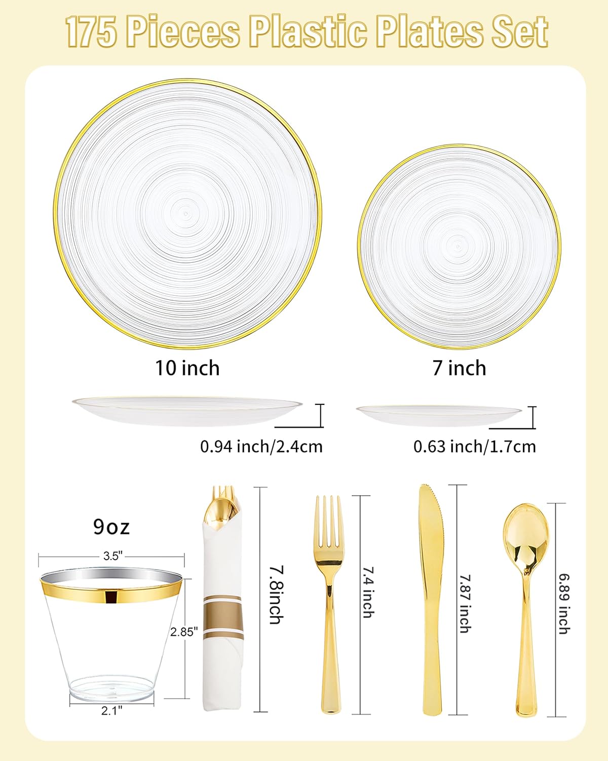 Morejoy 175PCS Clear Gold Plastic Plates - Disposable Gold Party Plates & Pre Rolled Napkins with Cutlery for 25 Guests, 50Plates, 75Silverware, 25Cups, 25Napkin for Party & Thanksgiving