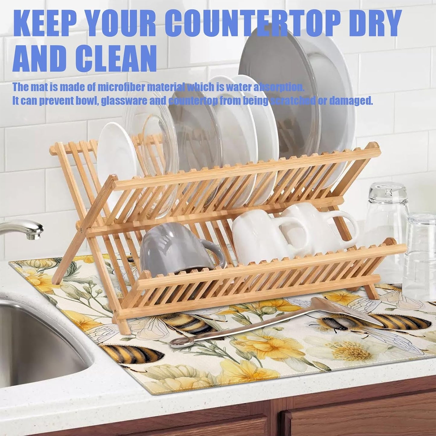 Watercolor Bee Floral Dish Drying Mat for Kitchen Counter Drying Pad Absorbent Reversible Dish Drainer Rack Mats Draining Pad 18"x24"Inch