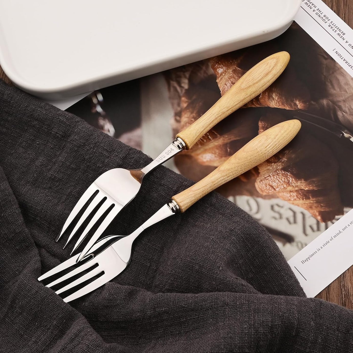 304 Stainless Steel Flatware Silverware Set with Wooden Handles, Rustic Tableware Cutlery Set for 6, Natural Wood Grain Knives Forks Spoons Set, (24 PCS, White Ash Wood Handle)