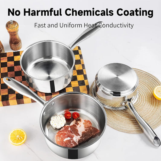 1Qt & 2Qt Stainless Steel Sauce Pan Set with Lid,4 Pcs Non Stick Saucepan,Small Kitchen Pots,Induction Compatible,PFOA FREE