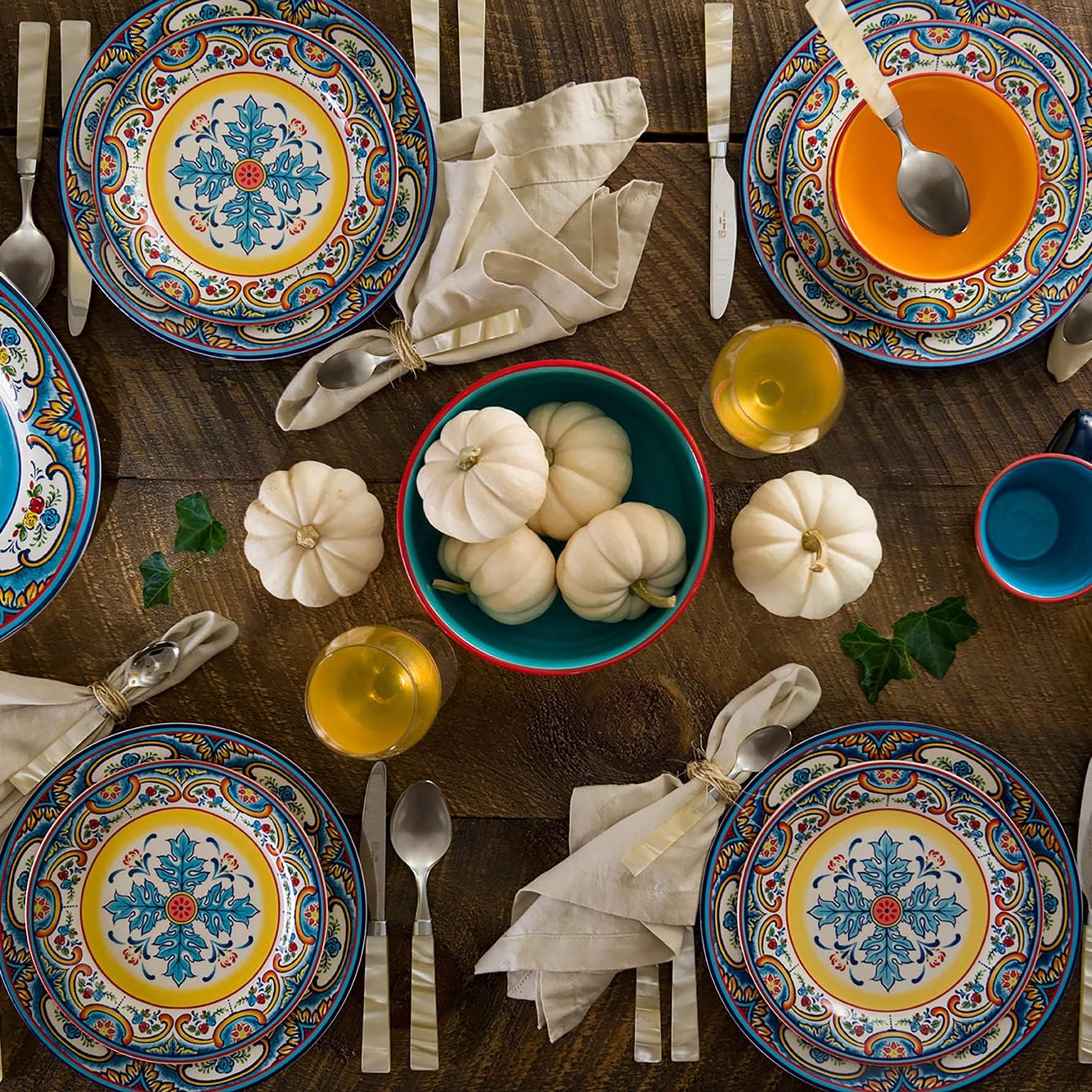 Euro Ceramica Zanzibar Collection Vibrant 10.9" Ceramic Dinner Plates, Set of 4, Spanish Floral Design, Multicolor