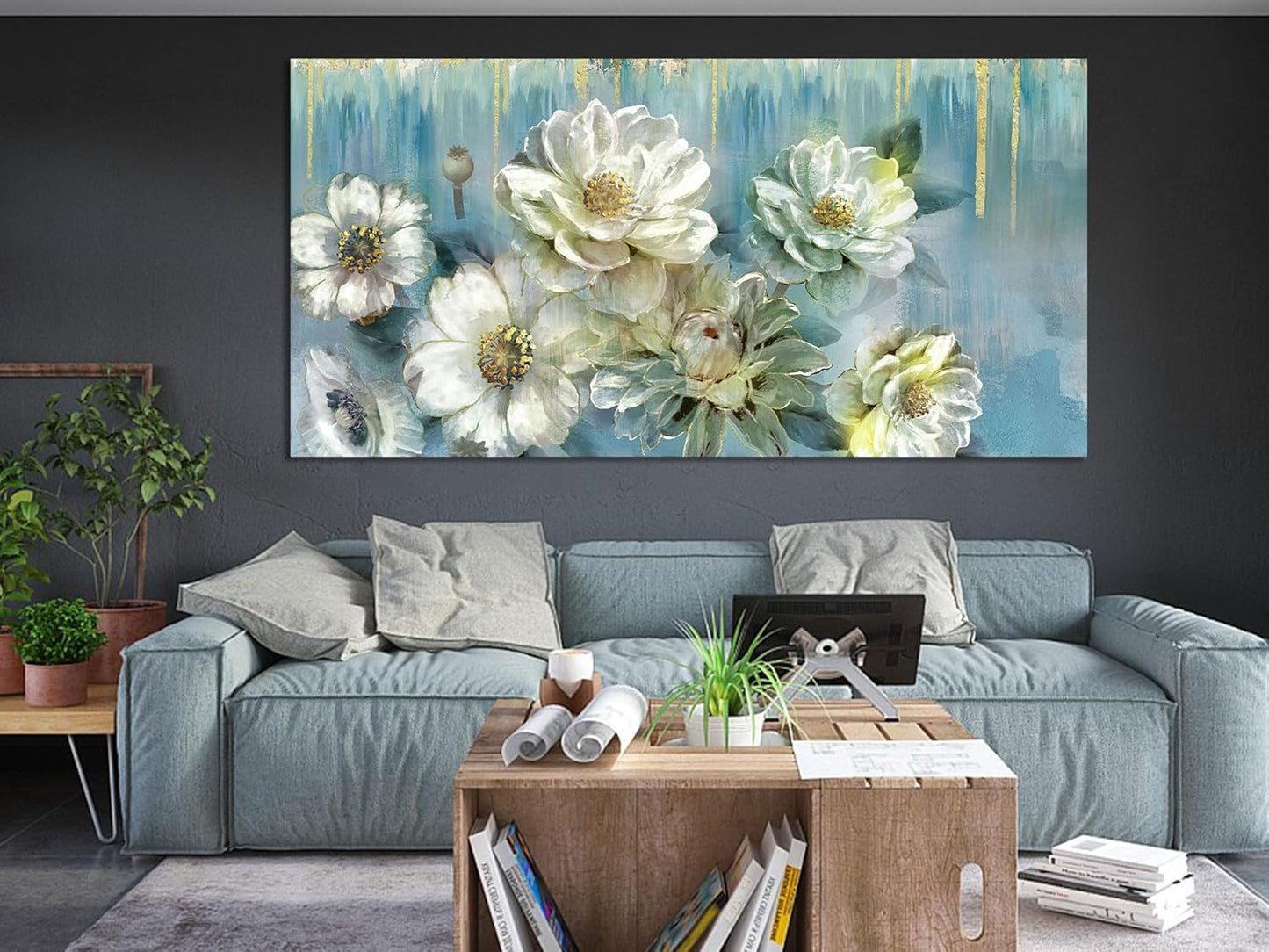 Ardemy Floral Canvas Wall Art for Living Room Large Magnolia White Flowers Teal Pictures Wall Decor Textured Painting ModernTurquoise Artwork Bathroom Bedroom Dining Room Home Office, 40"x20"