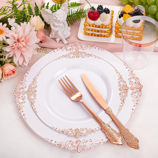 Morejoy 175PCS Rose Gold & Silver Plastic Dinnerware Set: 25 Plates, 25 Forks, 25 Knives, 25 Spoons, 25 Cups, 25 Napkins - Perfect for Wedding & Party