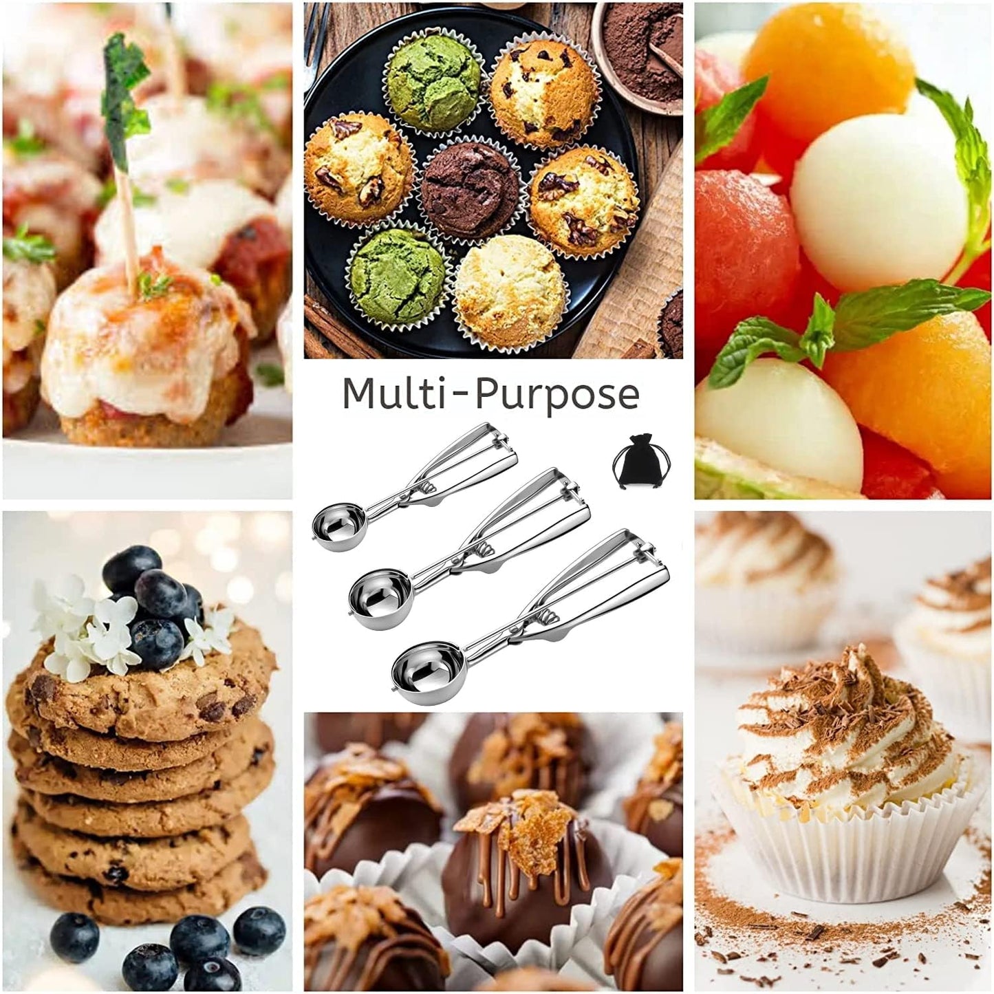 Ice Cream Scoop, 3Pcs Cookie Scoop Set, Stainless Steel Cookie Scoops for Baking Set of 3, Cookie Scooper for Baking, Ice Cream Scooper with Trigger Release, Cookie Dough Scoop