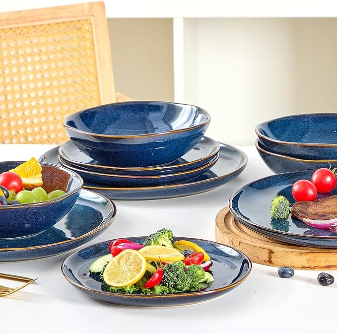 Bestone 12 Pieces Round Kitchen Dinnerware Sets，Plates and Bowls Sets,Dishes, Plates, Bowls, Dish Set, Chip Resistant Ceramic Dinnerware Set, Dishwasher/Microwave Safe,Service for 4,Cobalt Blue