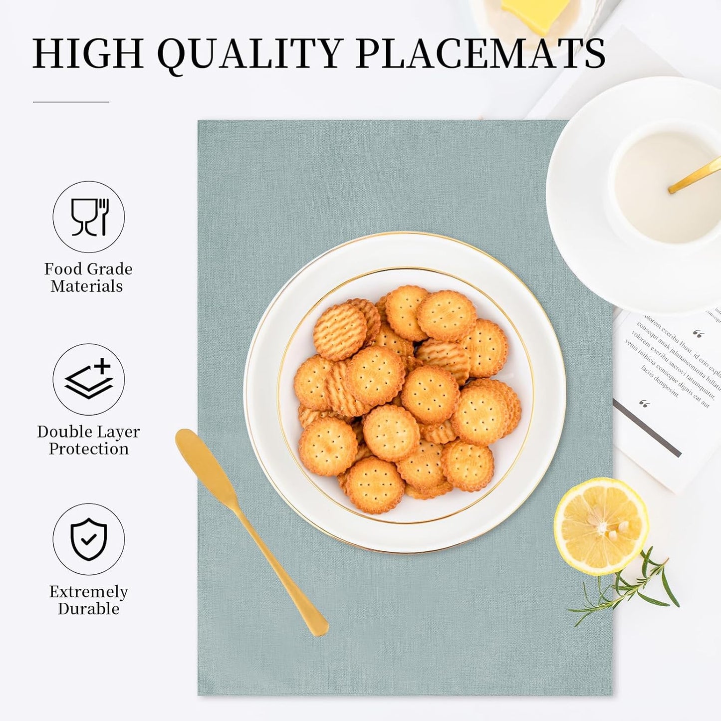 Placemats Set of 6 Linen Type Fabric Cloth Placemats, 19 x 13 Inch Double Layered Thick Wrinkle Free Heat Resistant Table Place, for Dining, Kitchen, Party (Light Gray, 48 * 33cm)