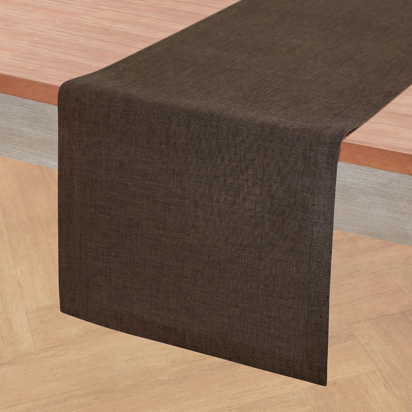 Solino Home Linen Chambray Brown Table Runner 132 Inches Long - Athena, 100% Pure Linen Dining Table Runner 14 x 132 Inch for Fall, Autumn, Thanksgiving - Handcrafted and Machine Washable