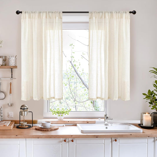 BGment Beige Linen Semi Sheer Curtains for Kitchen Cafe Window 40 Inch Length - Cream Light Filtering Drapes with Rod Pocket Textured Natural for Bathroom, 2 Panels, Each Panel 42 Inch Wide