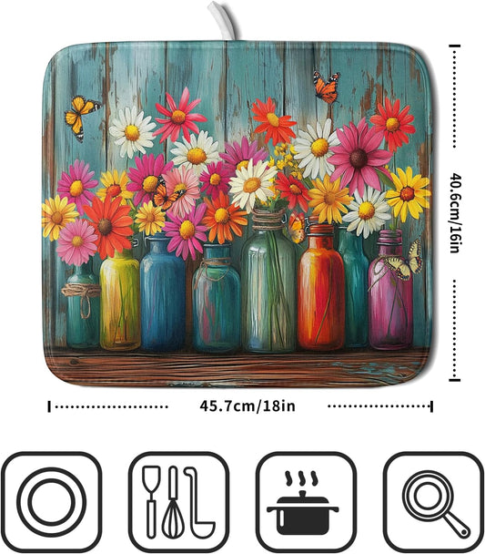 Botanical Flowers Dish Drying Mats 16x18 Inch,Colorful Daisy Mason Jar on Wood Plank Microfiber Quick-Dry Drainer Rack Absorbent Pad for Farmhouse Kitchen Countertop Sink Decor