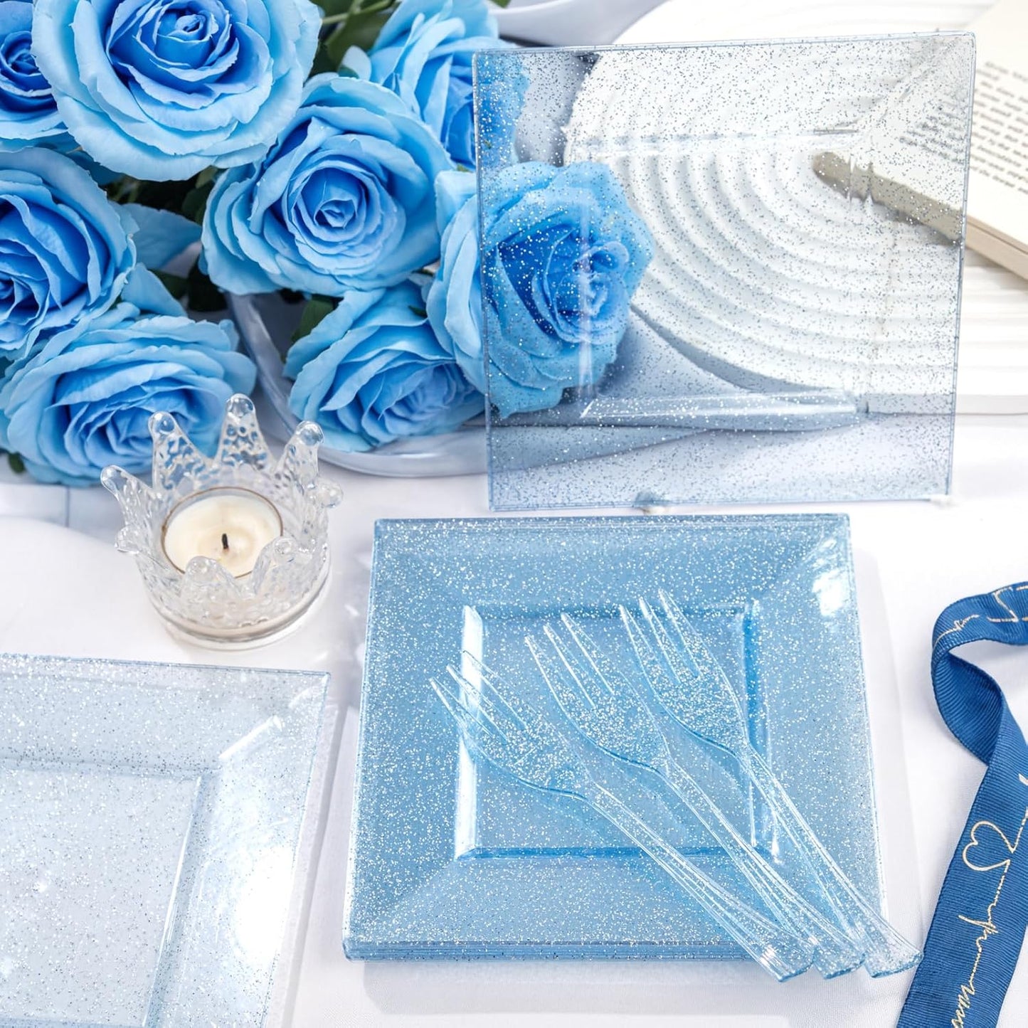 DaYammi 200 Pcs Blue Glitter Dessert Plates Including 100Pcs Appetizer Plates,100Pcs Plastic Forks,Blue Plastic Square Plate for Party,blue Disposable plates and Cake forks for Birthday Party Wedding