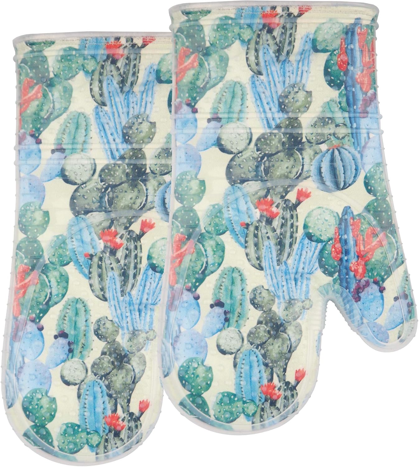 Oven Mitts Set of 2 with Transparent Clear Silicone Shell and Nice Cactus Flower Cotton Lining, Heat Resistant to 500 F Kitchen Oven Gloves Pot Holder for Cooking (Cactus Flower, Oven Mitts)