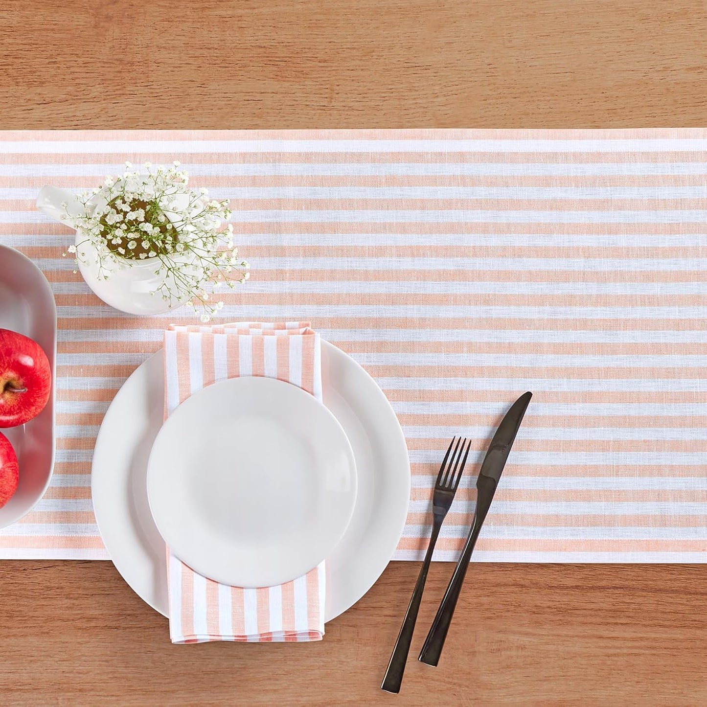 Solino Home Striped Linen Table Runner 108 Inches Long - Amalfi Stripe 100% Pure Linen Coral and White Dining Table Runner 14 x 108 Inch