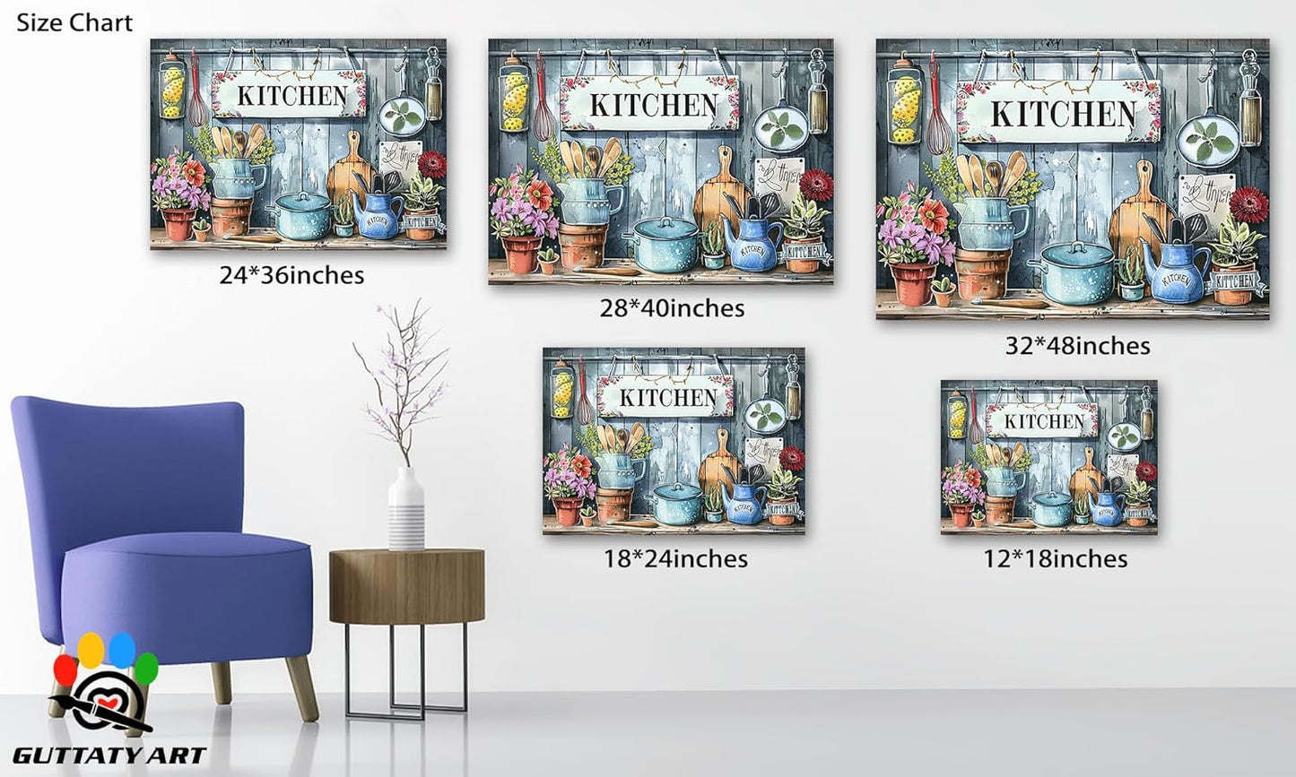 GUTTATY Kitchen Pictures Wall Decor, Farmhouse Wall Art Colorful Flowers and Various Spoons Painting for Dinning Room Restaurant Decor, Mother's Day Gift for Grandma Mom Hanging Artwork 28×40 Inch