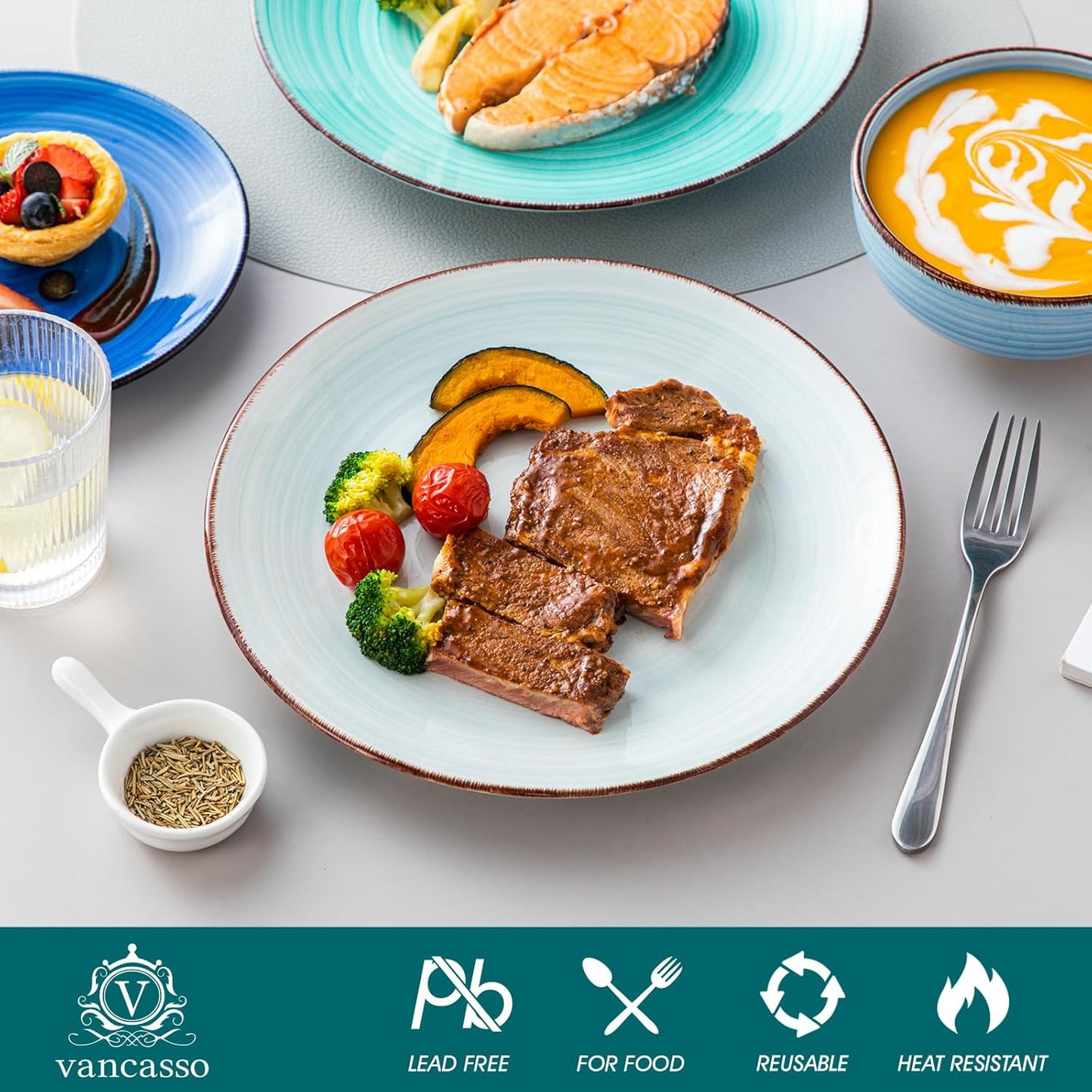 vancasso Bonita Dinnerware Set Blue Stoneware 12 Pieces Service for 4, Handpainted Spirals Pattern Stoneware Plates and Bowls Set