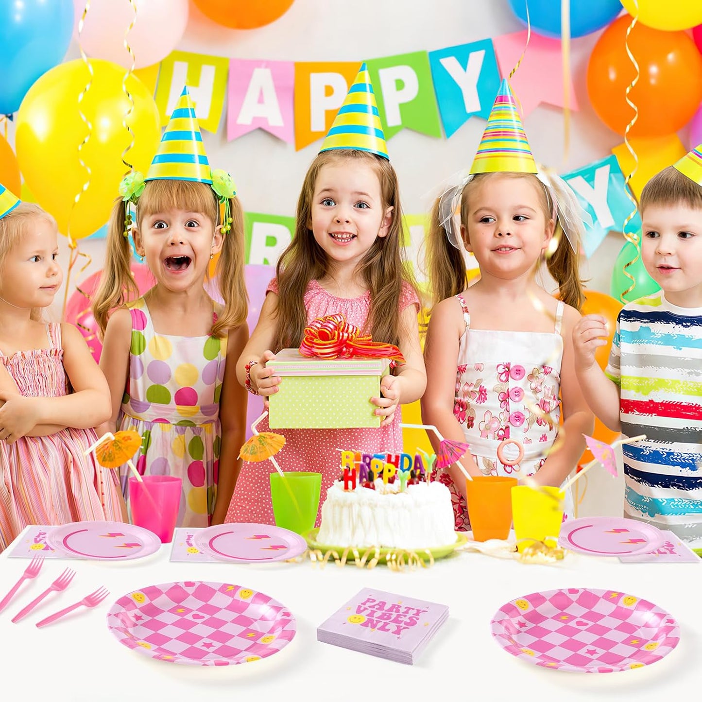 160Pcs Preppy Smile Face Party Tableware Set Pastel Paper Plates Napkins Preppy Smile Face Dinnerware for Birthday Party Baby Shower Decoration Serve 40 Guest