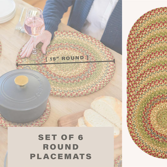 Azalea Jute Woven Round Placemats Set of 6, 15", Warm Country Primitive Decor, Multicolor Table Mats - Vibrant Colors, Durable, Easy to Clean and Protects Furniture