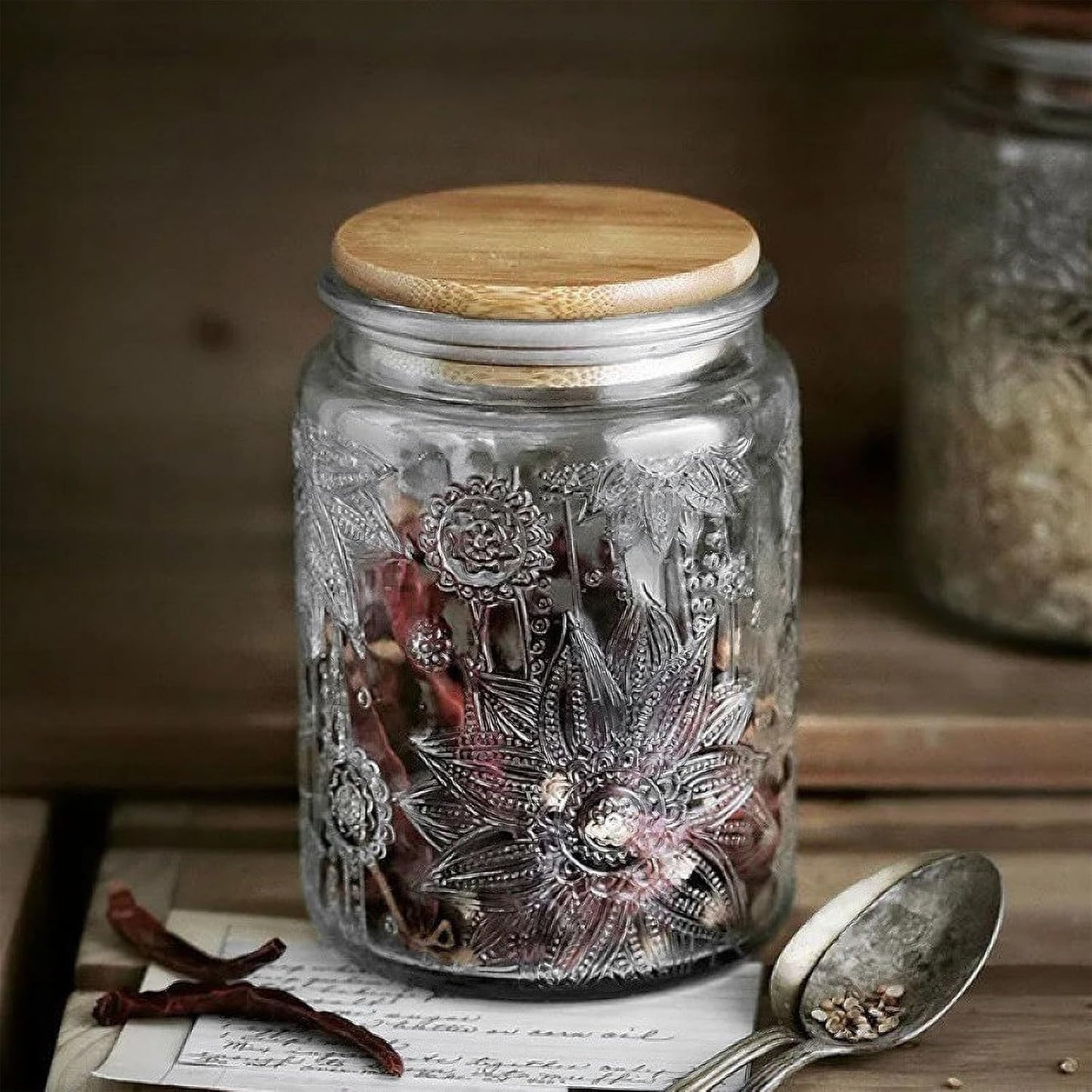 Vintage Glass Jar with Bamboo Lid, 23.7 FL oz - Airtight Decorative Food Storage Canisters for Kitchen Counter, Ideal for Candy, Sugar, Coffee, Cookies (Sunflower*2)