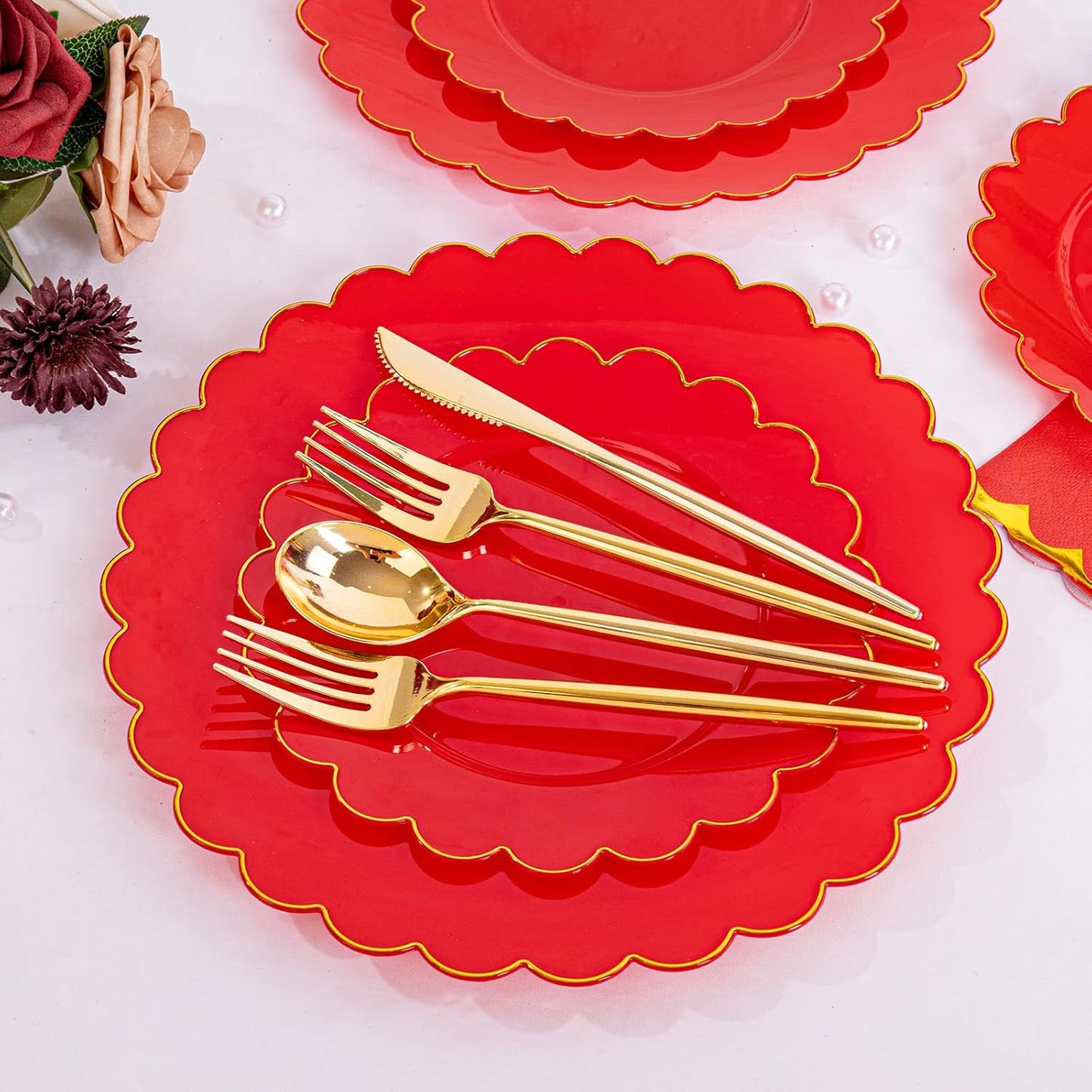 LIYH 210 Pcs Red Plastic Plates Christmas Plates and Napkins Disposable Christmas Dinnerware Set Gold Rim Scalloped Plate Include Dinner & Dessert Plate Gold Plastic Silverware Cups for Party Xmas Day