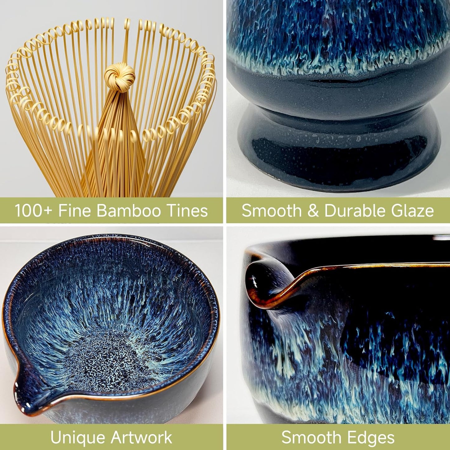 Matcha Whisk Set with Ceramic Bowl - Bamboo Whisk (Chasen), Scoop, Sifter & Holder - Complete Kit for Traditional Matcha Tea - Unique Gifts for Women, Men, Tea Lovers (Luminous-Auric-Sands)