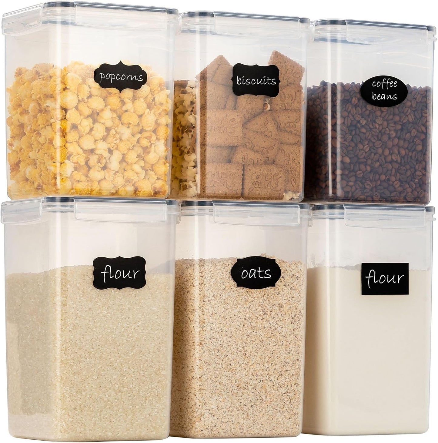 Chef's Path Large Airtight Food Storage Containers with Lids, Pack of 6, 3pcs 6.5L and 3pcs 5.2L, Kitchen and Pantry Canisters for Sugar, Flour, and Baking Supplies - Transparent