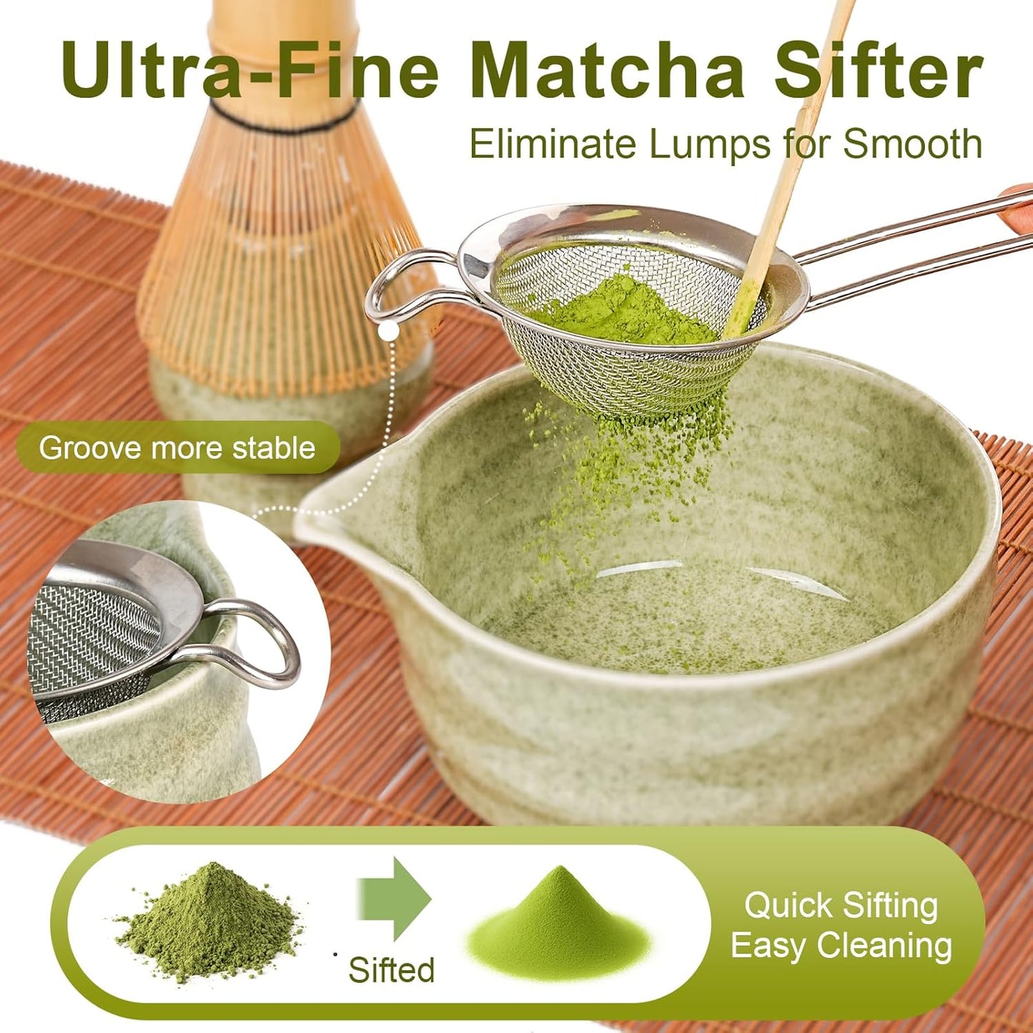 Matcha Set, 5 Pcs Matcha Whisk Set Includes Ceramic Matcha Bowl with Spout, Bamboo Matcha Whisk Chasen, Holder,Scoop,Sifter, Matcha Kit for Making Breakfast & Latte, Gift for beginners(Green)